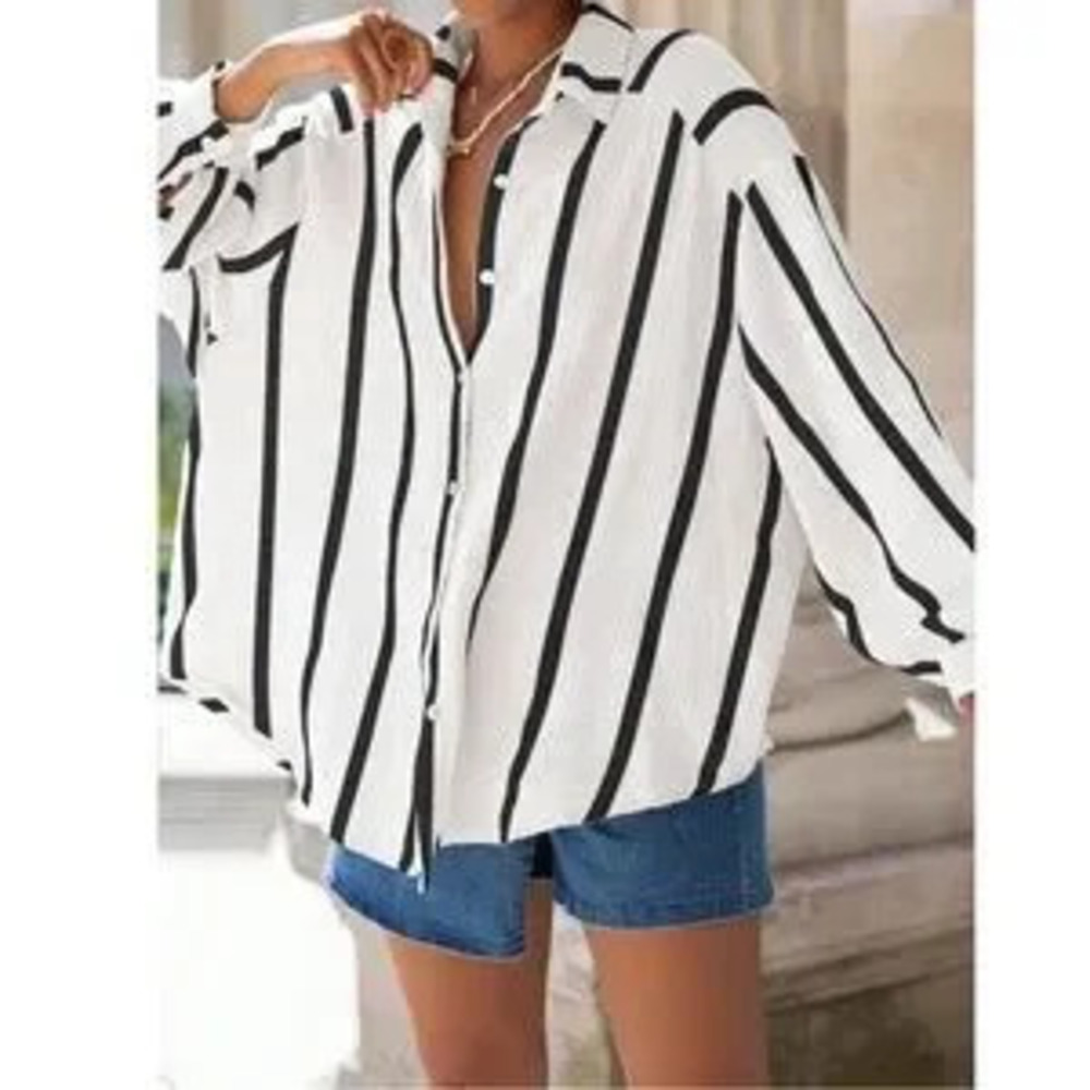 White with Black Stripes Oversized Button Down Shirt Long Sleeve - Picture 2 of 5